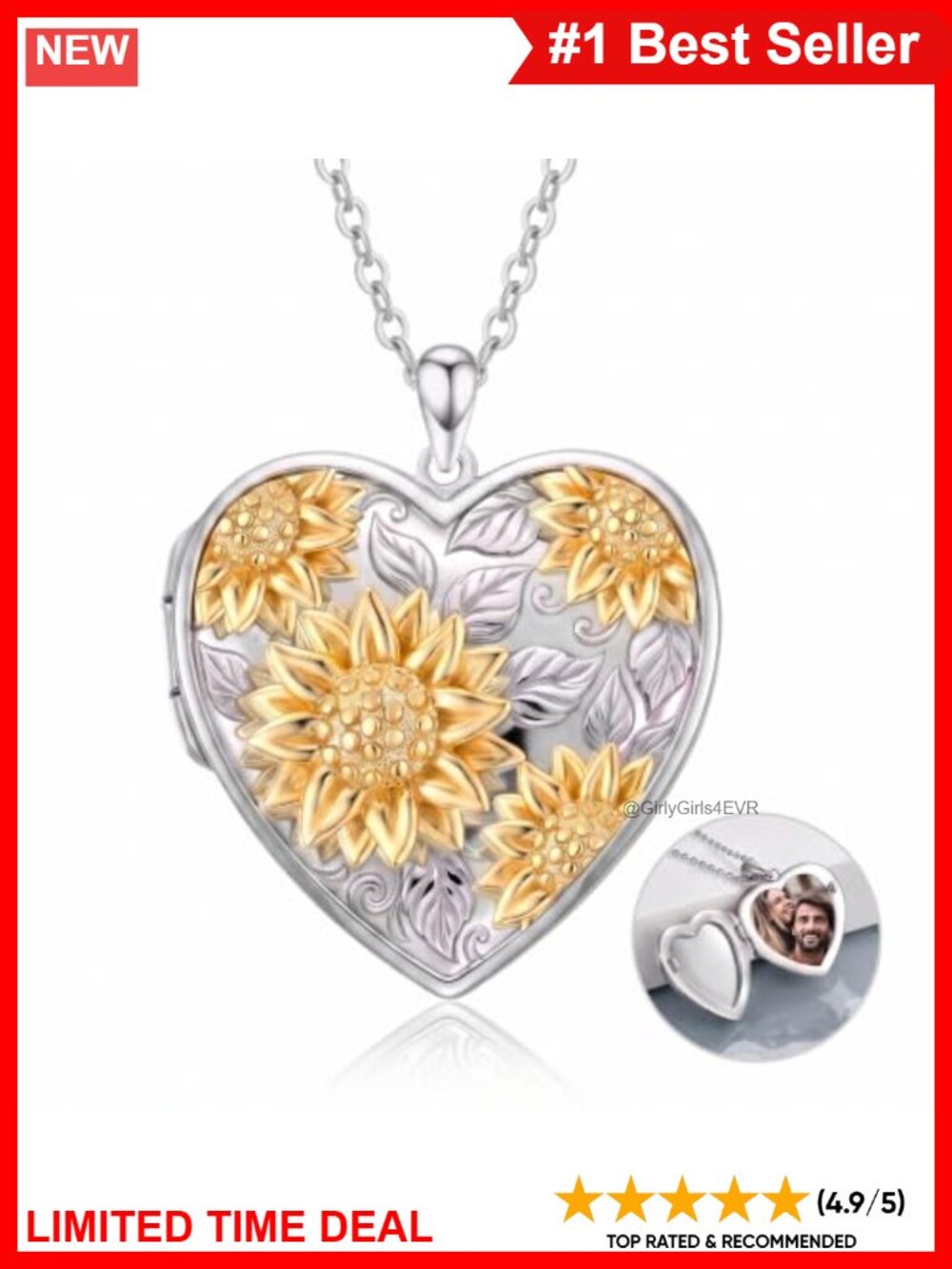 Sunflower Heart Photo Locket Necklace 18in Women Memorial Gift